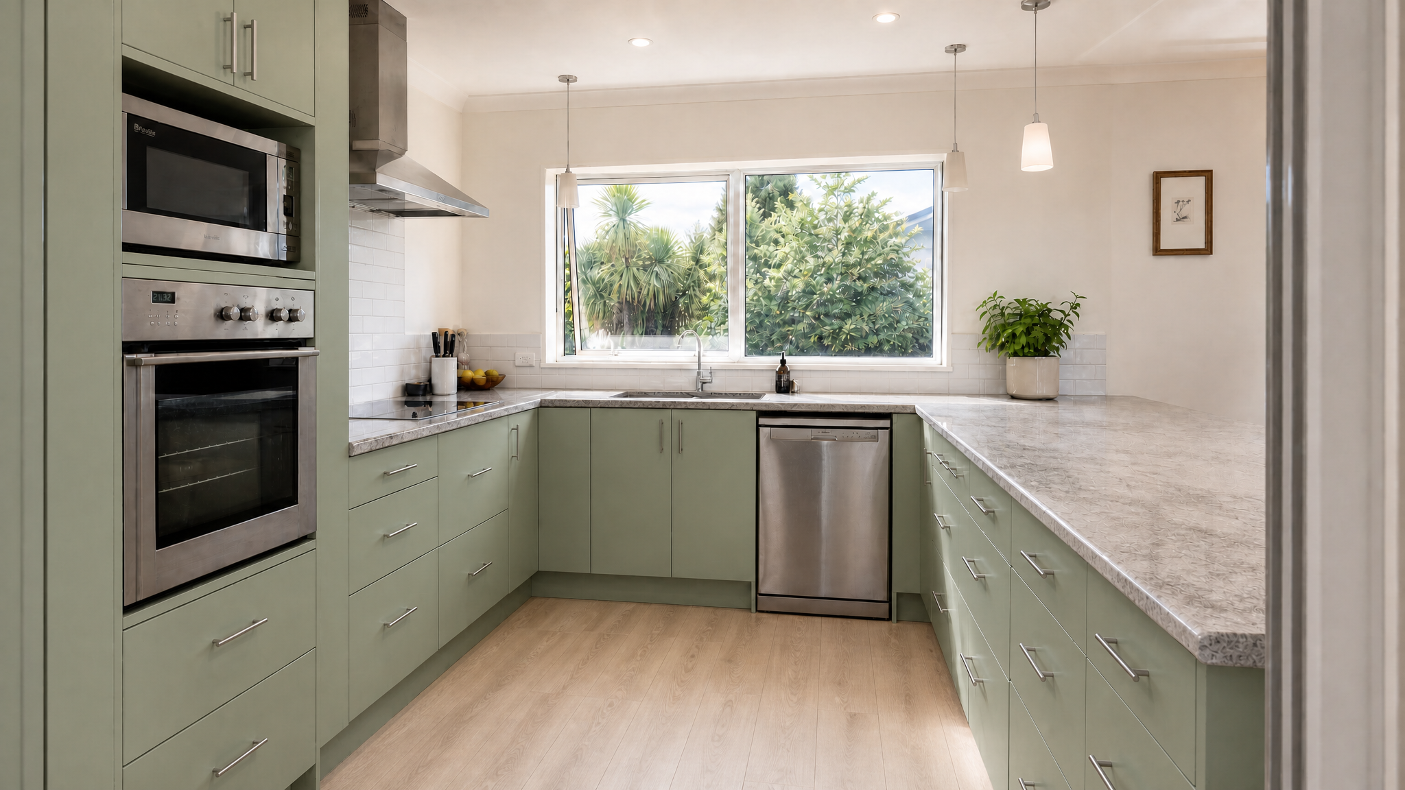 Kitchen with Sage Green doors